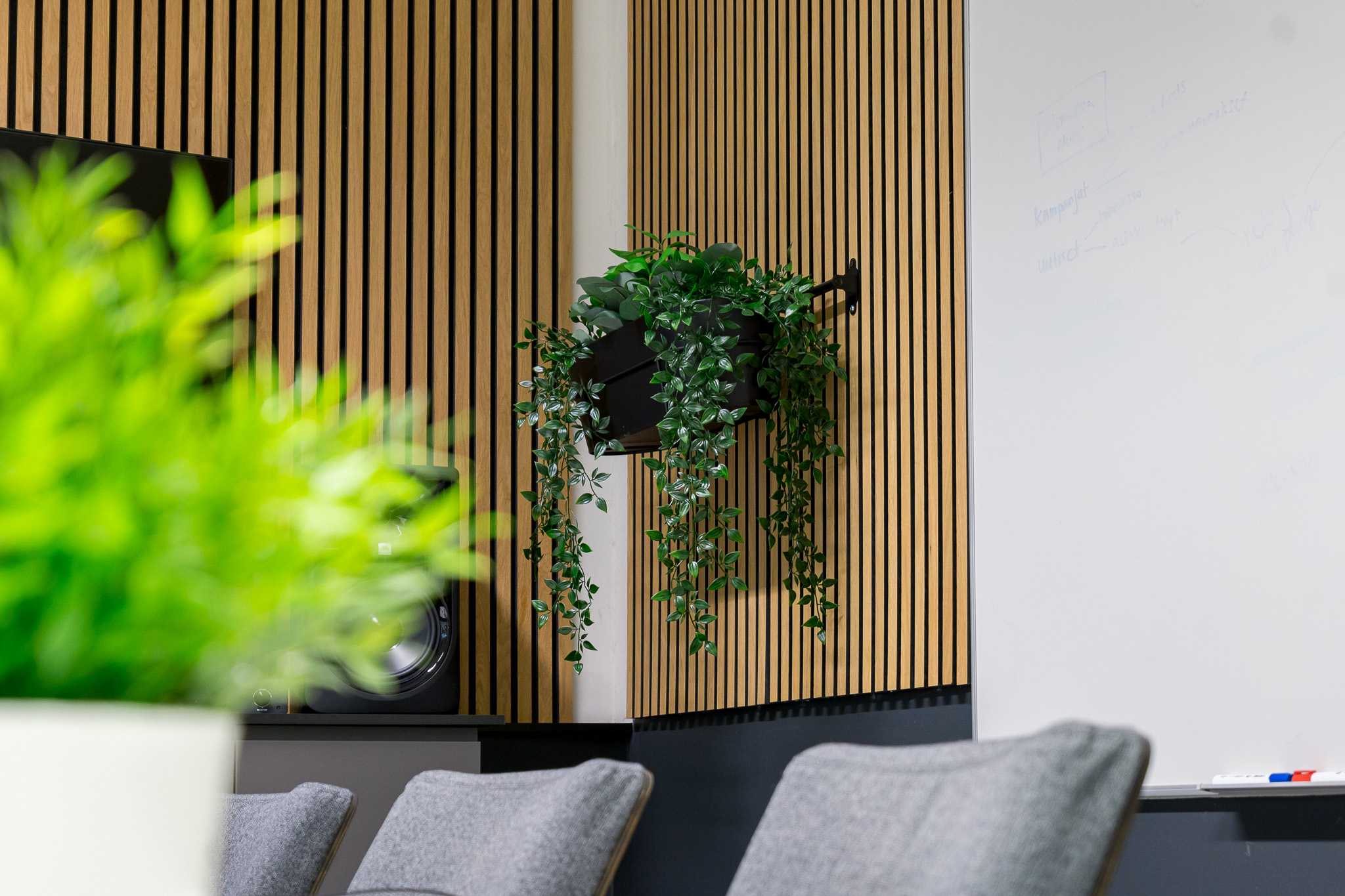 Akustiikkapaneelit ja viherkasvit seinällä